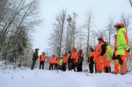 Waldarbeiter in Warnkleidung stehen in winterlichem Wald