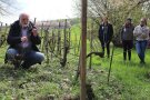 Mann mit weißem Bart kniet in einem Weinberg und erklärt etwas