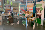 Tische und Roll-ups in einer Messehalle