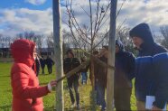 Eine Frau in Winterjacke hält sich an einem Baum fest und spricht zu einer Gruppe.